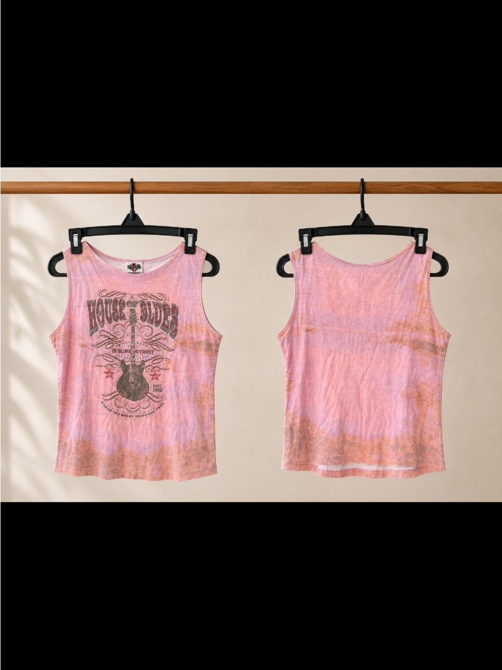 Vintage House of Blues Graphic Sleeveless Tank Top with Rock Guitar Print